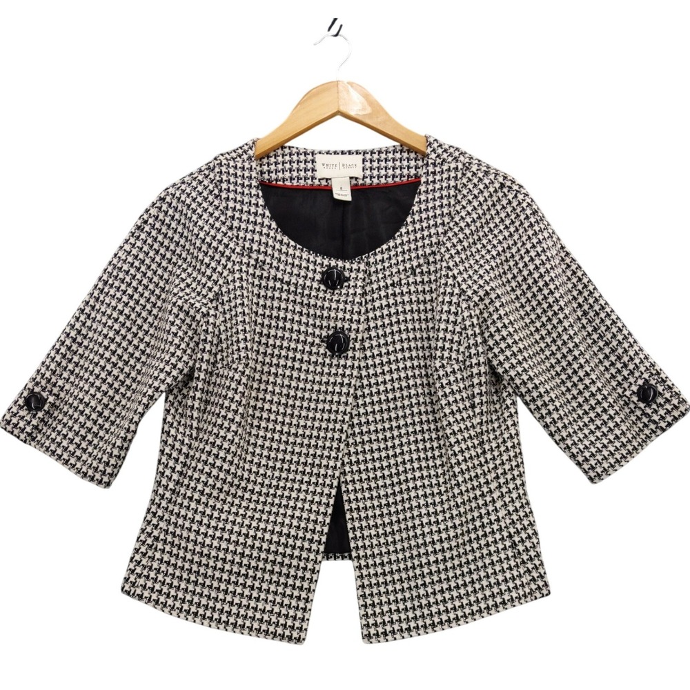 White House Black Market Houndstooth 3/4 Sleeve Button‎ Front Blazer Jacket